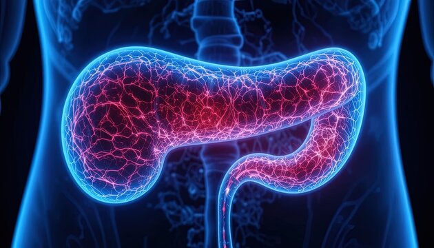 Digital illustration highlights the human pancreas glowing with intricate red vascular structures inside the body.