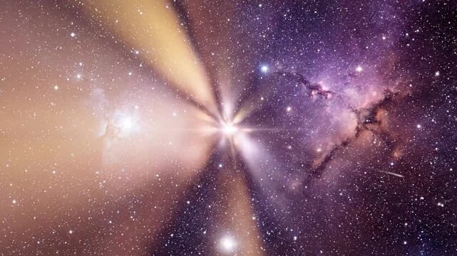 Vibrant cosmic starburst motion with brilliant light rays expanding across a deep space nebula and countless twinkling stars, abstract science fiction video.