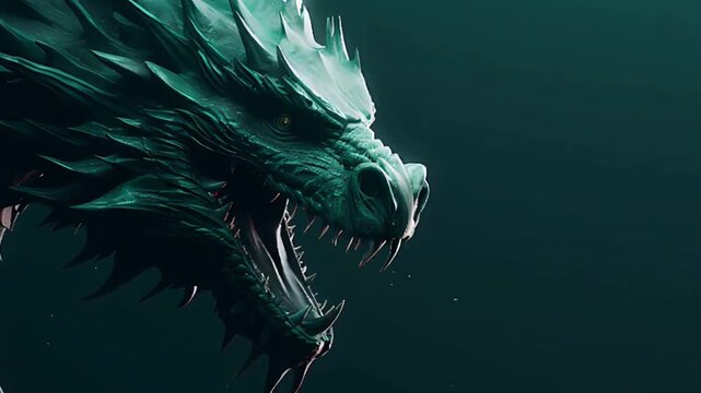 Ferocious green dragon head roaring with sharp teeth and scales. Fantasy beast creature breathing in darkness. Mythical reptile monster for legends and cinema.