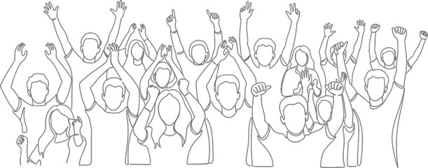 Fototapeta premium Continuous Line Drawing of a Cheering Crowd with Raised Hands in Minimalist Vector Style