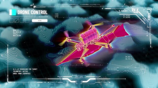 Military FPV drone with payload flying to target location as seen on HUD display