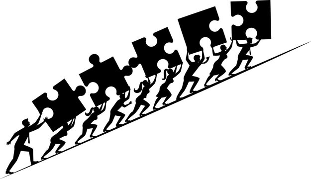 Collaborative Business Team Silhouette Carrying Jigsaw Puzzle Pieces Upward for Strategic Goal Achievement