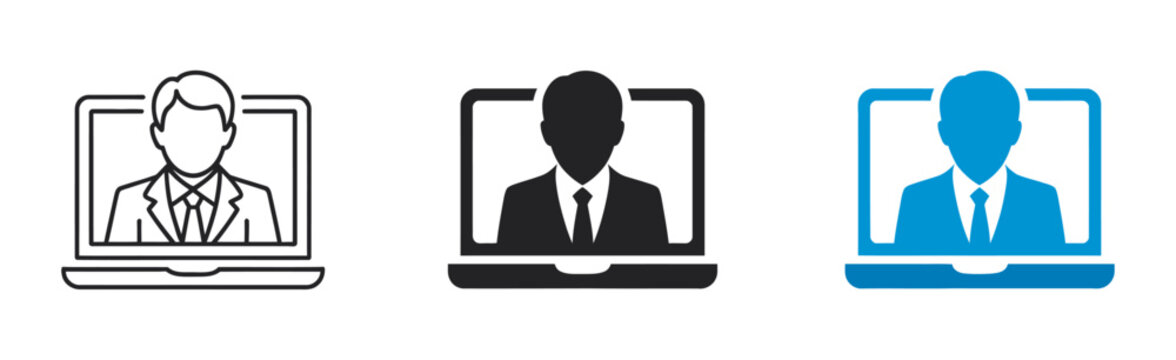 Remote work icon person on laptop screen, online meeting video call concept, virtual communication business conference, telework digital workplace vector illustration