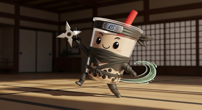 A cartoon beverage character dressed as a ninja is poised with a shuriken in a traditional Japanese-style room. It has a headband and is in a playful pose