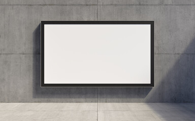 Naklejka premium A horizontal rectangular advertising billboard hangs on a concrete wall. Presentation space. Advertising space. 3D rendering