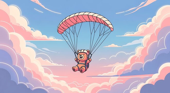 Animated illustration depicts a cheerful bear wearing a helmet and harness, paragliding joyfully through a pastel sky with fluffy clouds