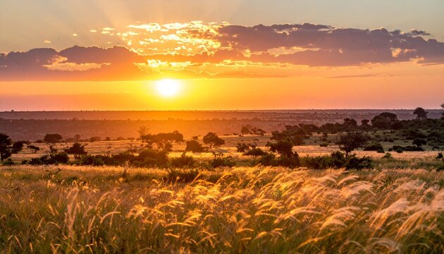 Ein friedlicher afrikanischer Sonnenuntergang taucht die weite Savannenlandschaft in warmes, goldenes Licht