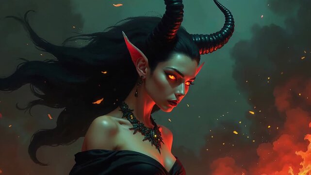 Demon woman with glowing eyes and horns in dark smoke. Fantasy creature posing with long hair. Mythological character portrait for dark magic adventure concept.
