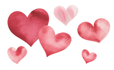 Fototapeta premium Soft pink watercolor hearts set in romantic hand-painted style.