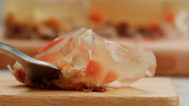 Meat aspic, slavic food, Traditional Russian pork meat aspic Kholodets with horseradish, mustard, jellied jelly beef, eating in restaurant chicken tasty dish. Close up on kitchen. 