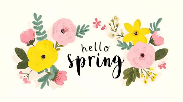 Spring season, garden park, flower, fresh, life. A vibrant illustration features a floral wreath composed of pink, yellow, and green flowers and leaves.