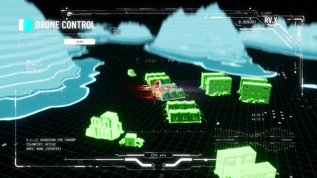 FPV drone HUD display showing active target search within enemy infrastructure
