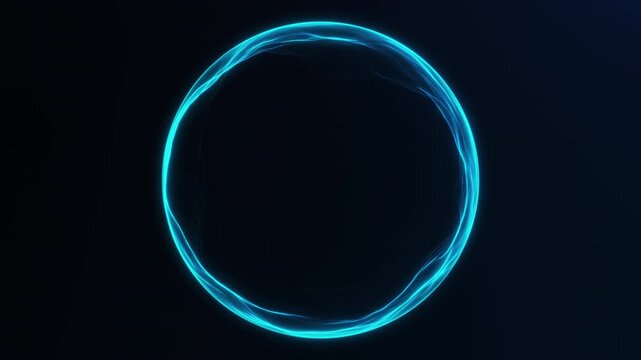 Glowing cyan energy ring with plasma motion on dark background. Futuristic circular HUD style loop with vibrant light, clean symmetry and digital sci fi atmosphere.