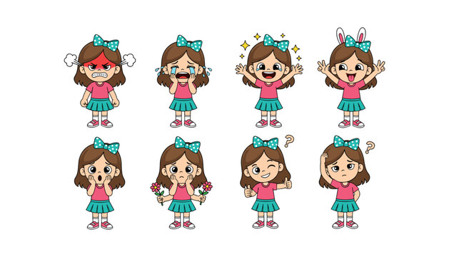set of cartoon girl emoticons with different facial expressions