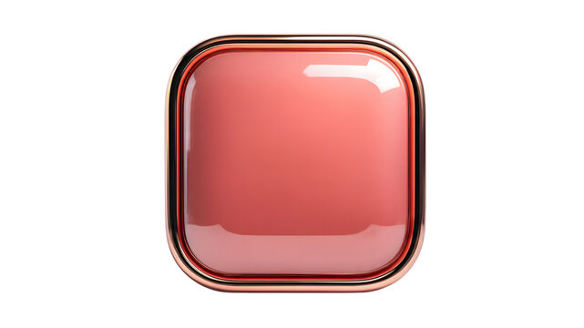 Glossy Red Square Button with Metallic Outline on Transparent Background
