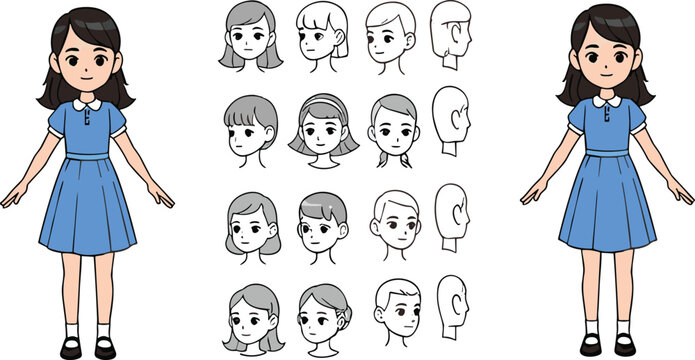 Cute girl character design set with different hairstyles front side views and full body cartoon illustration collection