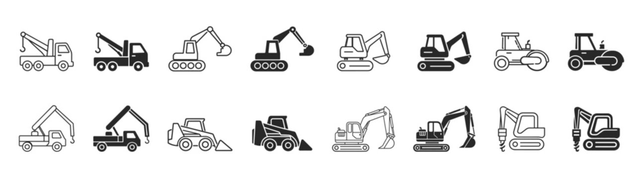 Excavator construction machinery set industrial line icon on transparent background