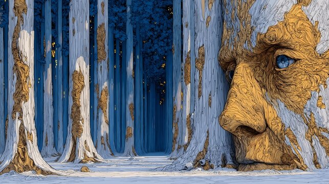 World Earth Day Pan's Elegy Silent Forest Illustration, Hyperrealistic Bare Trunks, Pan Vine & Moss, Panpipe & Mycelium Eco-Warning Use