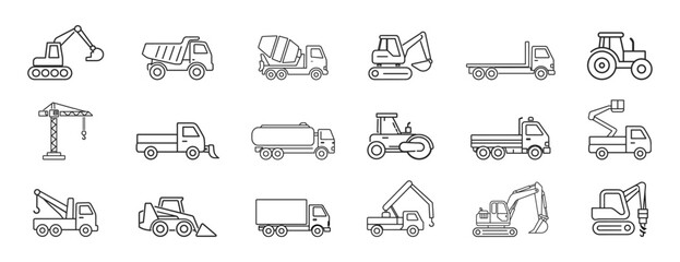 Construction vehicles equipment transport outline icon set on transparent background © Виталий Опришко