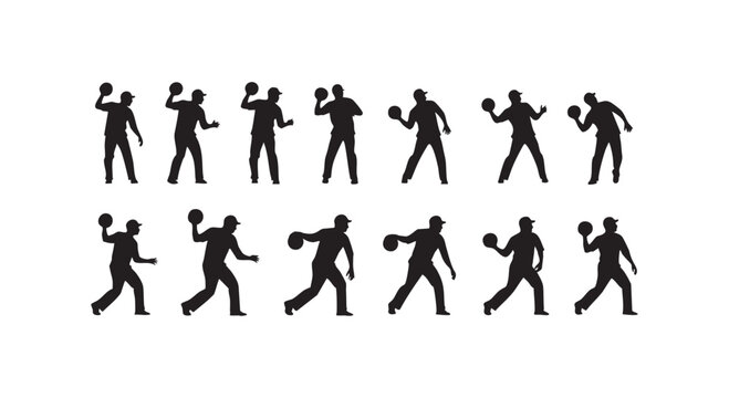 Collection of baseball player silhouettes throwing ball in dynamic action poses during game on white background.