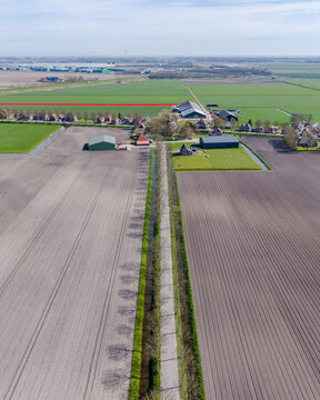 Aerial view of cultivated fields stretching in parallel lines towards farmhouses and verdant pastures under a bright sky, Lambertschaag, North Holland, Netherlands.
