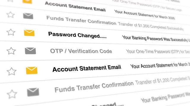 Digital Banking Email Inbox Interface with Animated Scrolling Motion Displaying Security Notifications, Password Change Confirmation, OTP Verification Codes, Funds Transfer Success