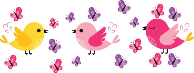 Obraz premium Colorful cute birds with butterflies cartoon vector illustration for kids design