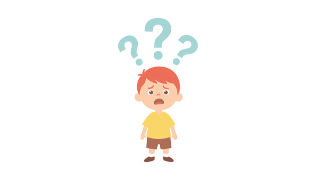confused cartoon boy with question marks thinking