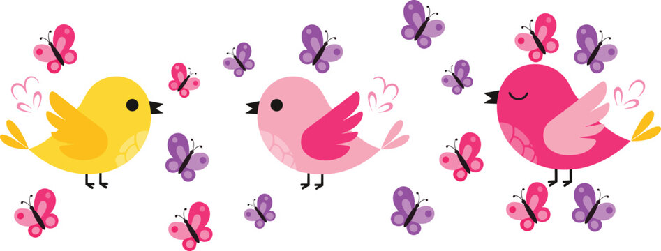 Colorful cute birds with butterflies cartoon vector illustration for kids design