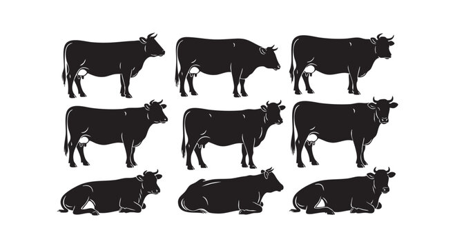 Collection of nine cow silhouettes standing and lying down showing udders in various poses on white background.