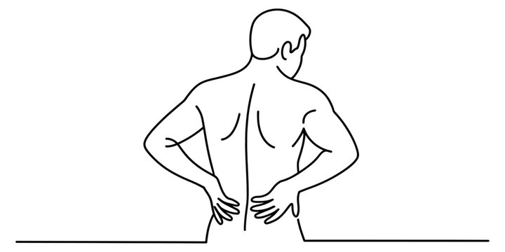 Continuous line drawing of a shirtless man holding his lower back due to pain or injury Vector, illustration