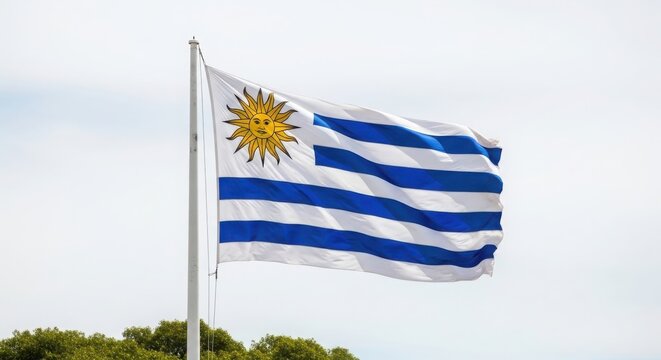 The flag of Uruguay waving in the wind with a sunny sky background