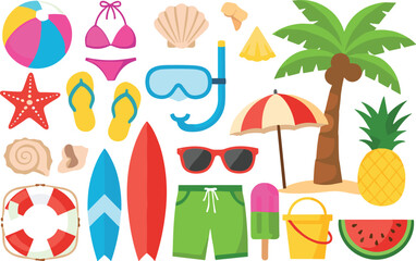 Fototapeta premium Summer Beach Elements Cartoon Set with Surfboards Palm Tree Bikini Sunglasses and Tropical Vacation Objects Illustration