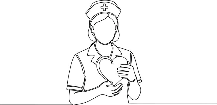 Single continuous line art drawing of a dedicated nurse wearing a medical uniform and cap, gently holding a heart, symbolizing compassionate care and healthcare service.