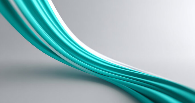 Abstract flowing turquoise and white curved lines creating a smooth dynamic wave pattern on a soft gray background