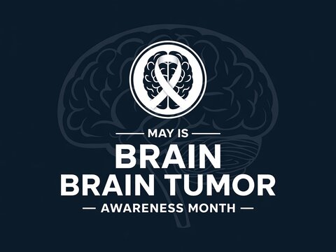 May is Brain Tumor Awareness Month campaign poster with ribbon and brain illustration for medical support and education