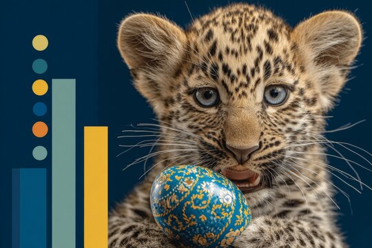 A young leopard's charm with a festive easter surprise. Corporate success. Easter greetings with a lovable cub holding a bright festival egg. Market analysis. Market trends.