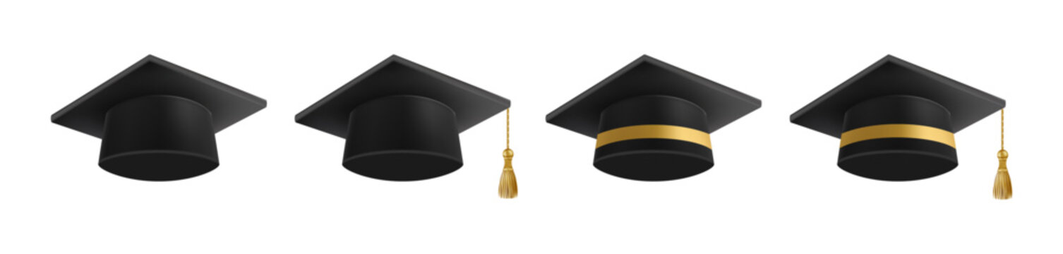 Realistic Black graduate caps set. 3D Graduation Doctoral hat.