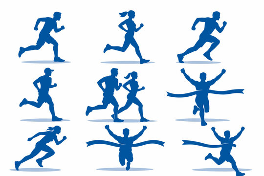 Blue Silhouettes of Running People Set, Athletes Competing in Sports Competitions, Jogging Runners and Sprinters Crossing Finish Line with Ribbon, Marathon Participants Vector Illustration