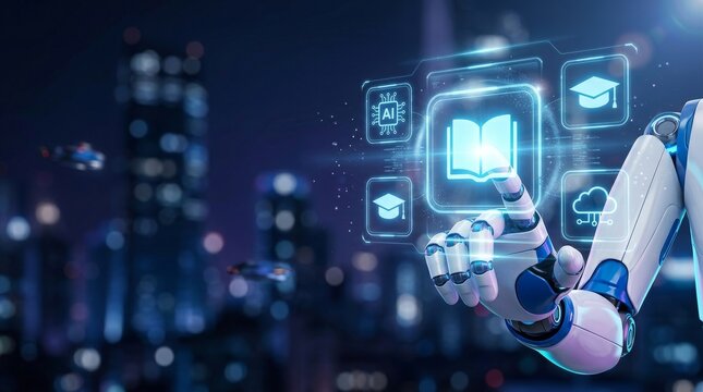 AI Education and Digital Learning Concept with Robotic Hand Touching Holographic Interface over Futuristic City