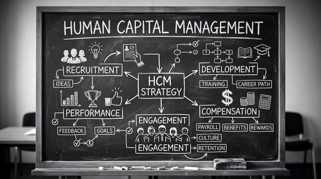 A chalkboard-style HCM diagram with handwritten text and sketched icons linked by arrows, conveying casual planning, strategy, and workforce management concepts.