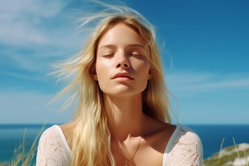 Naklejka premium Breezy summer day on the beach with a woman enjoying the sun and fresh air against a serene ocean backdrop