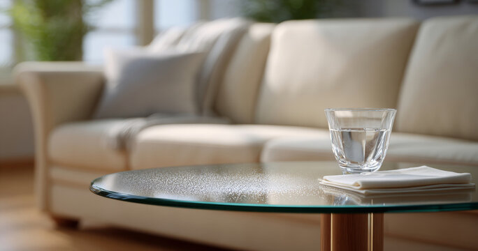 Close-up of a glass of water on a glass coffee table with a beige sofa and cushions in a softly lit living room