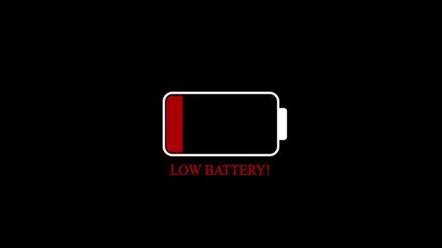 Low battery power showing indicator animation, Low battery indicator in flat design, on a black background, Empty battery allert animation. with 4k video animation.