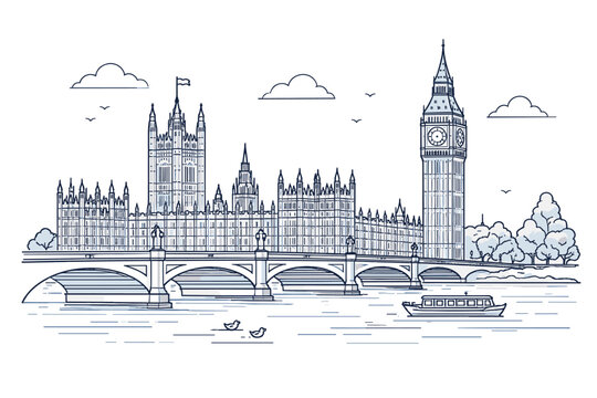 Linear Drawing of Westminster Palace with Big Ben and Westminster Bridge in London. Simple Flat Vector Illustration of the Iconic British Landmark over the River Thames with Boat and Clouds.