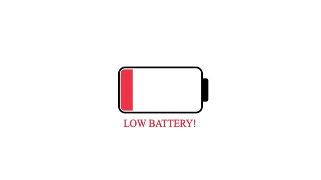 Low battery power showing indicator animation, Low battery indicator in flat design, on a background, Empty battery allert animation. with 4k video animation.