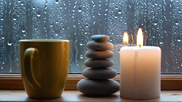Cozy Rainy Day Still Life - A warm yellow mug, stack of balanced stones, and lit candle sit on a windowsill, with raindrops visible on the glass.