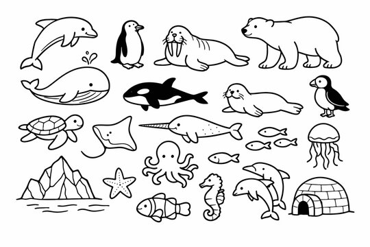 Simple Line Art Vector Illustration Set of Marine and Polar Animals Including Dolphin Penguin Walrus Polar Bear Whale Orca Seal Puffin Sea Turtle Stingray Narwhal Octopus Jellyfish Seahorse Igloo