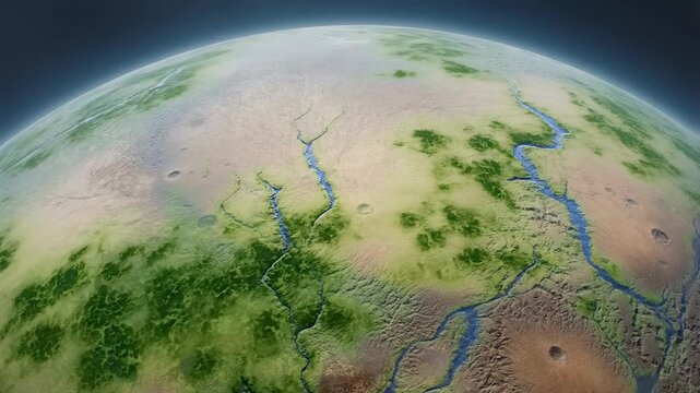 Aerial slow zoom tracking of planet surface transforming from arid desert to green river valleys in orbit over evolving terrain