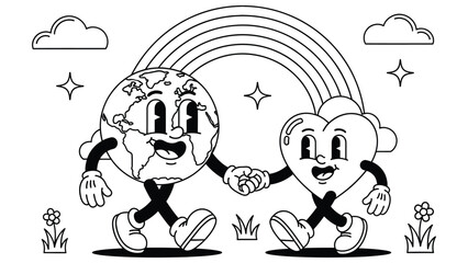 Obraz premium Black and white line art illustration of cute Earth and heart characters holding hands under a rainbow. Ideal for coloring pages, kids activities, educational worksheets, and Earth Day themed material